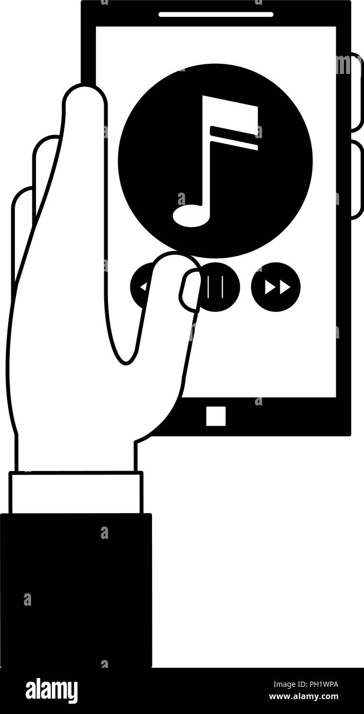 Hand holding smartphone with music in black and white Stock Vector ...