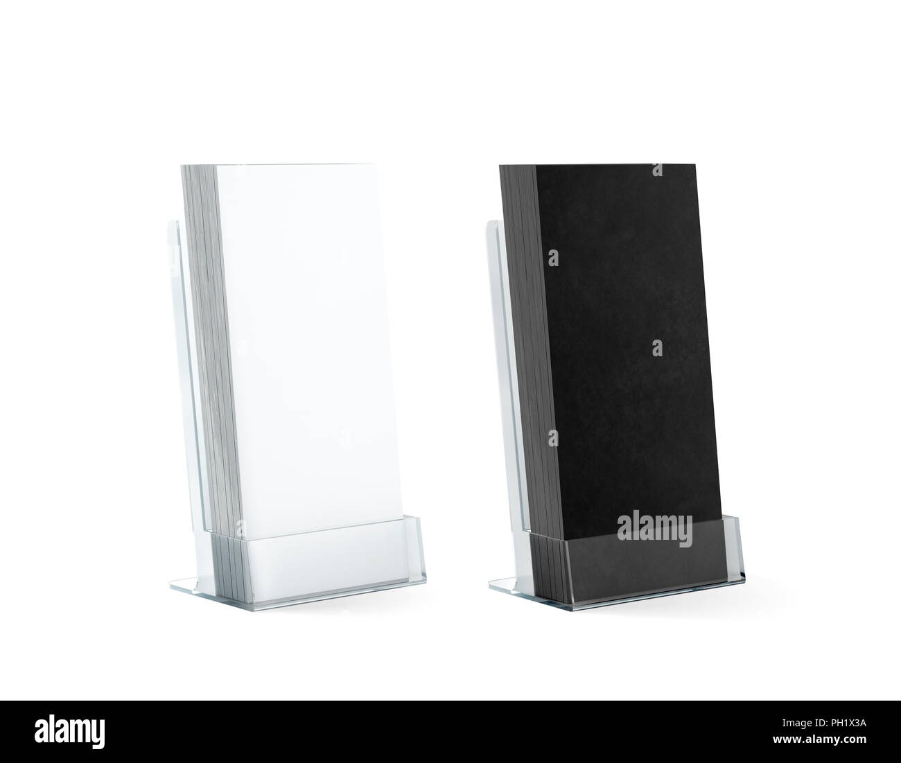 Blank black and white flyers stack mockups in glass plastic holder, 3d rendering. Dl fliers mockups stand in the acrylic box. Brochure template holdin Stock Photo