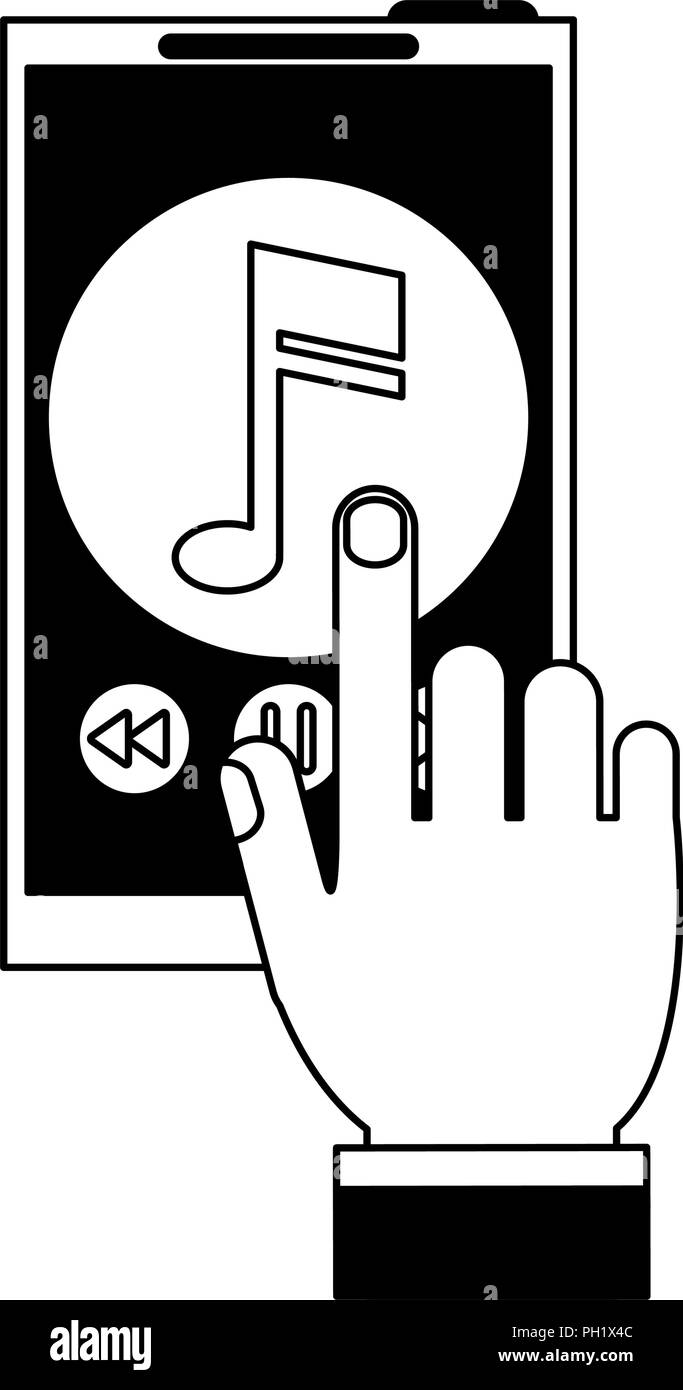 Hand touching smartphone with music in black and white Stock Vector ...