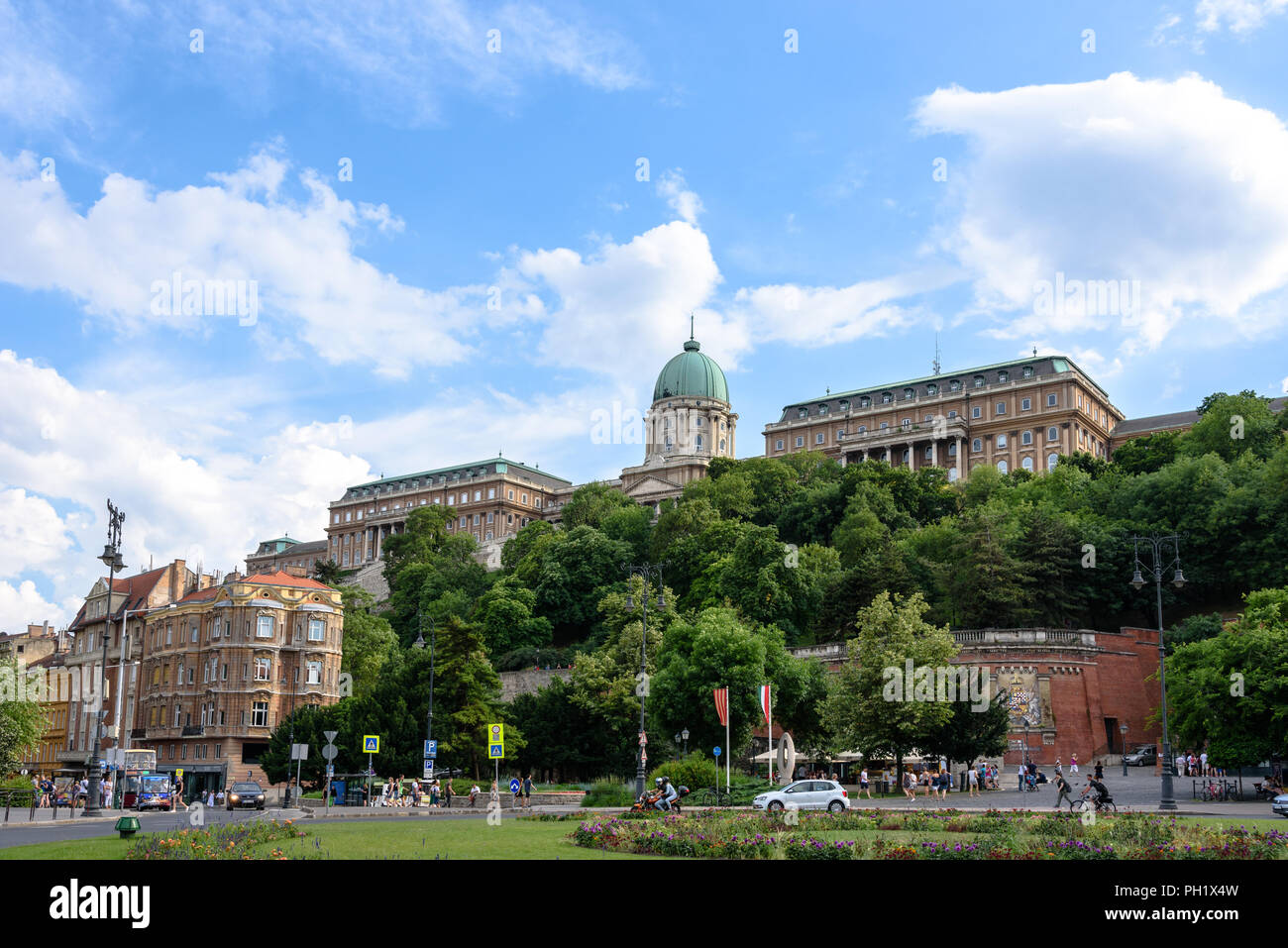 The Hungarian Royal Palace on Castle Hill above Clark Adam Square in Budapest during the day Stock Photo