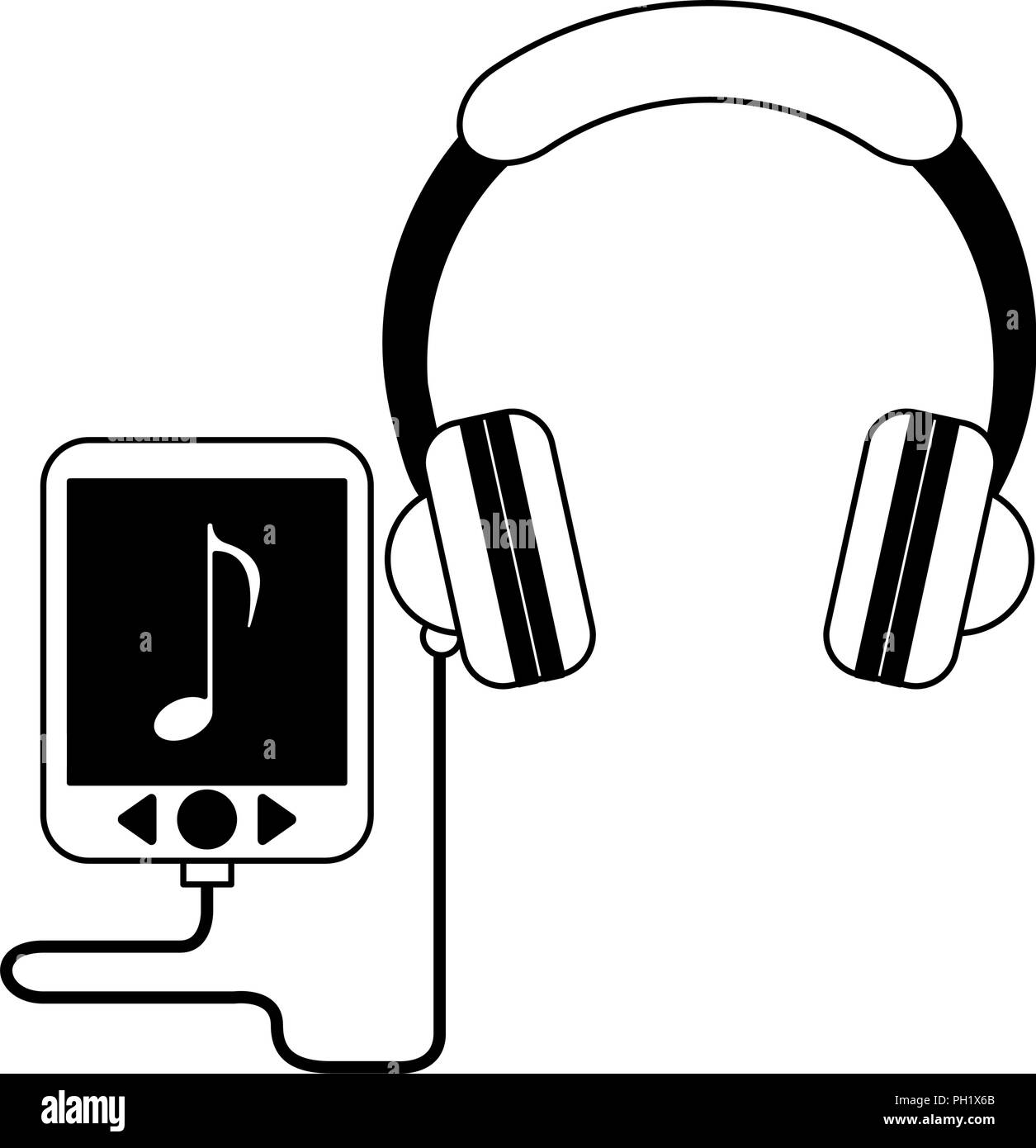 Music player with headphones in black and white Stock Vector Image ...