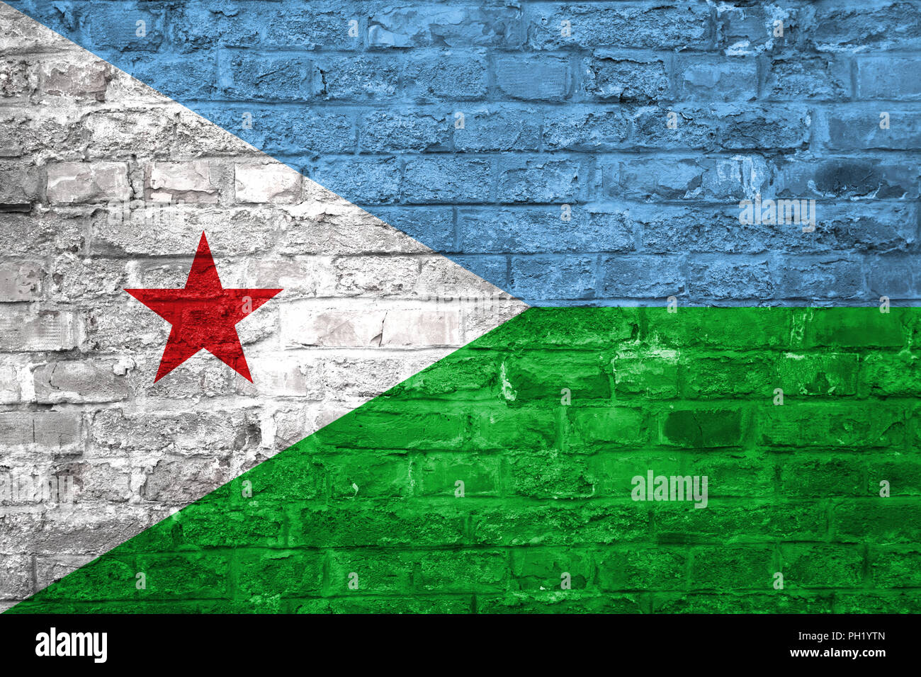 Flag of Djibouti over an old brick wall background, surface Stock Photo