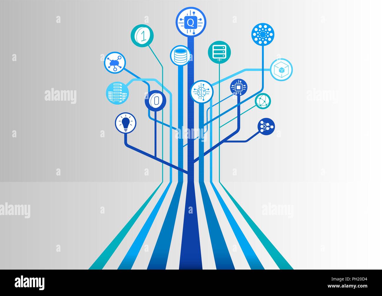 Quantum computing vector illustration with icons and tree structure branching out Stock Vector