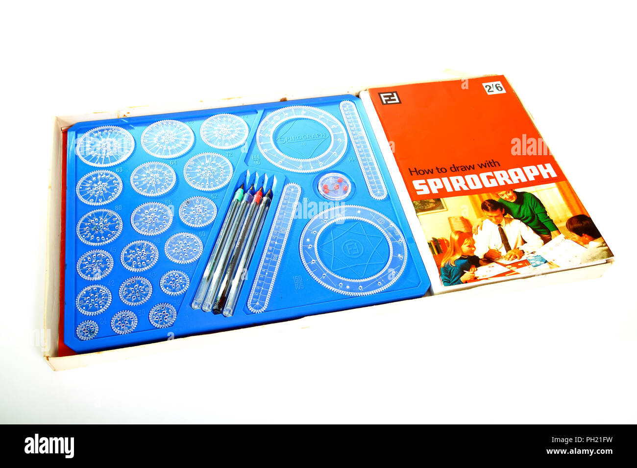 Old tatty fisher toys spirograph set box isolated on a white background Stock Photo