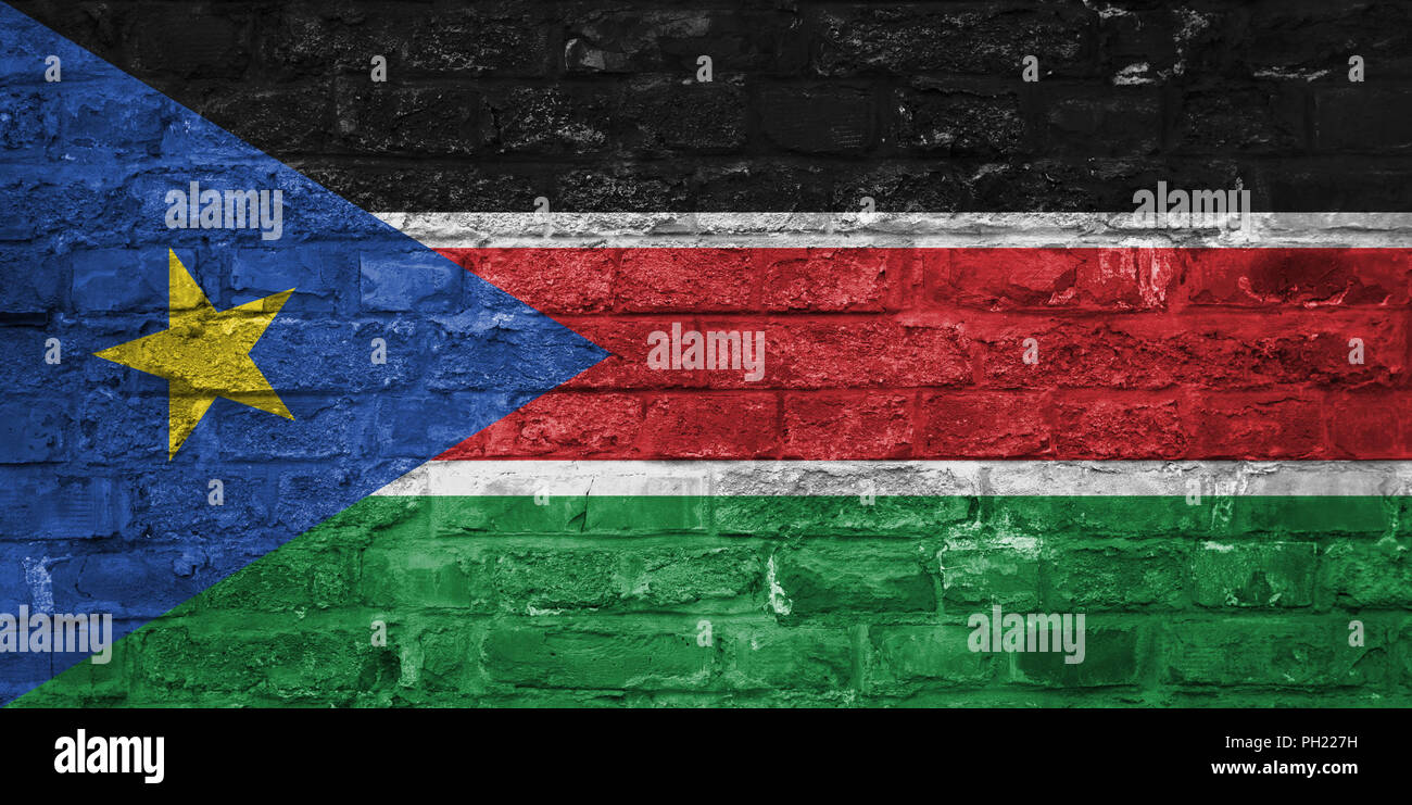 Flag of South Sudan over an old brick wall background, surface Stock Photo