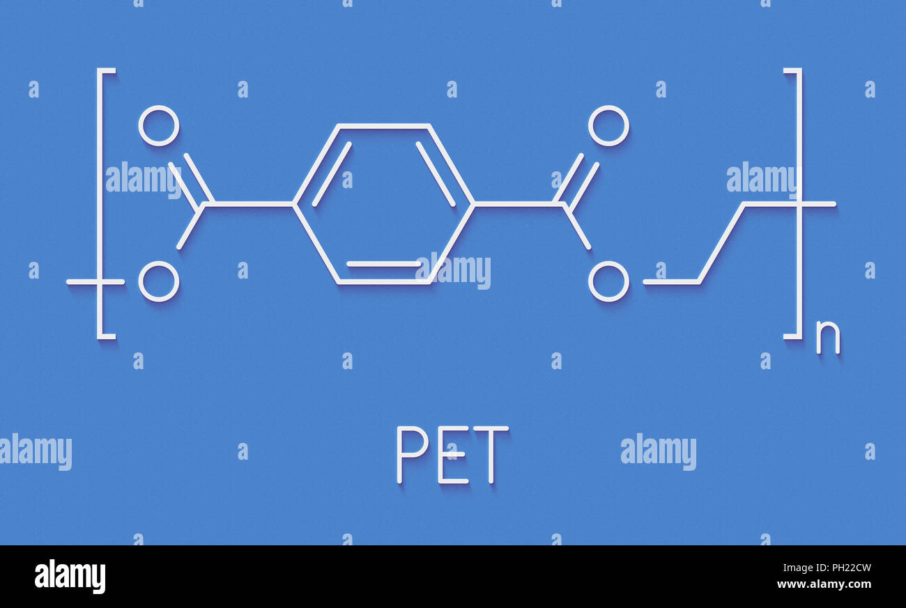 Polyethylene terephthalate (PET, PETE) polyester plastic, chemical structure. Mainly used in synthetic fibers and plastic bottles. Skeletal formula. Stock Photo