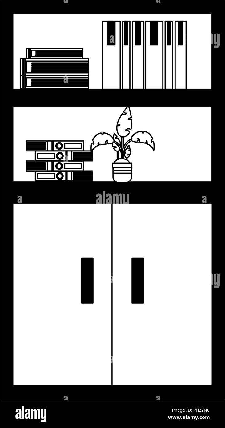 Cabinet with books and plant pot in black and white Stock Vector Image ...