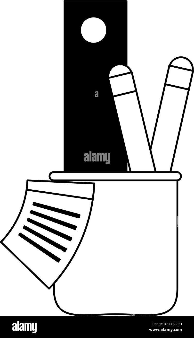 Pens and ruler inside cup in black and white Stock Vector