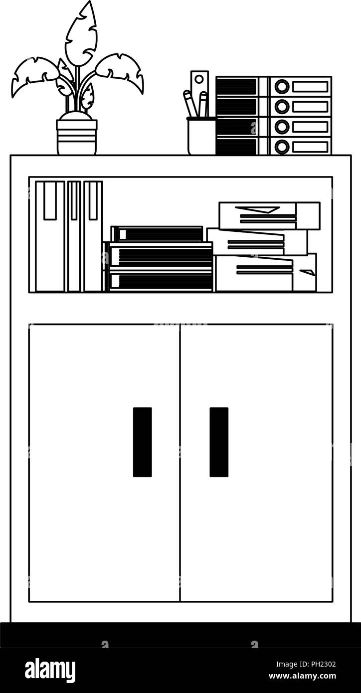 Cabinet with books and plant pot in black and white Stock Vector Image ...