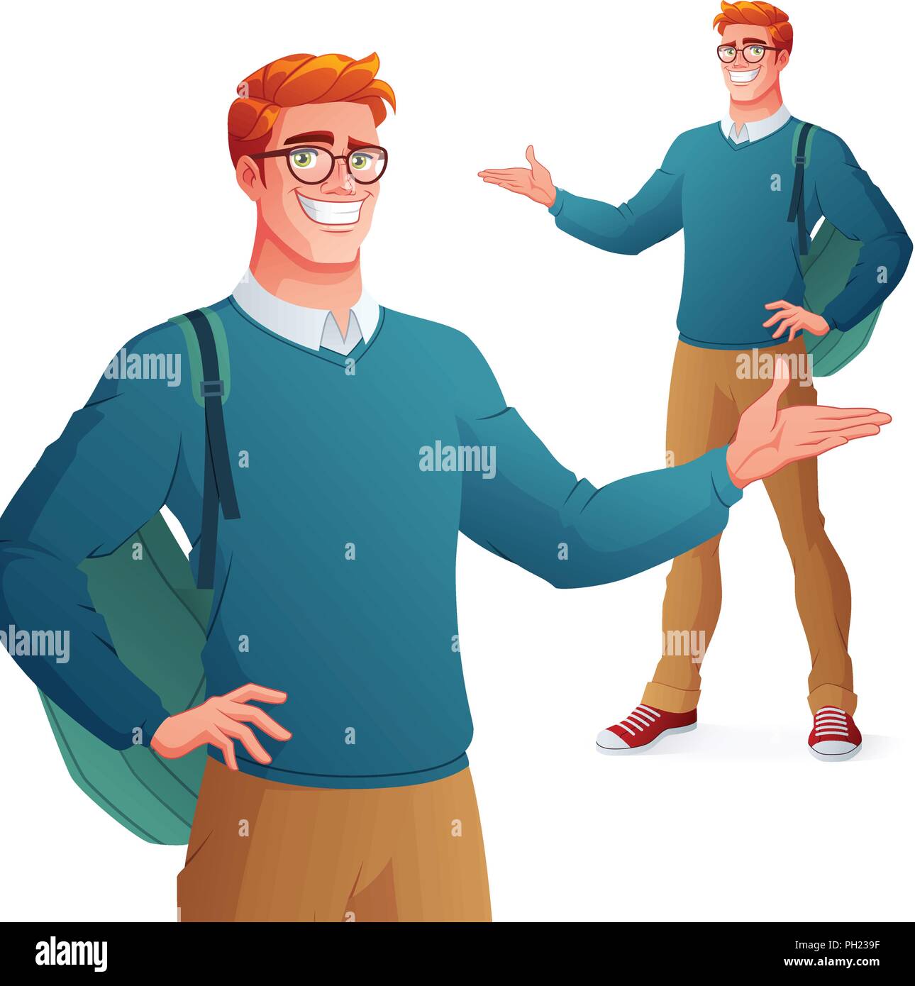 Smiling college student in eyeglasses presenting. Isolated vector illustration. Stock Vector