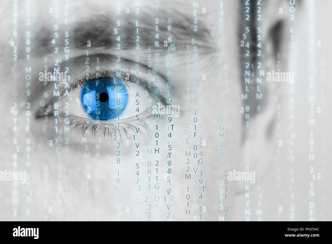 Futuristic image with human eye with blue iris and matrix texture. Stock Photo