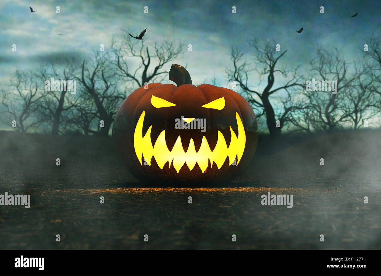 Halloween pumpkin in creepy forest at night,3d illustration for ...