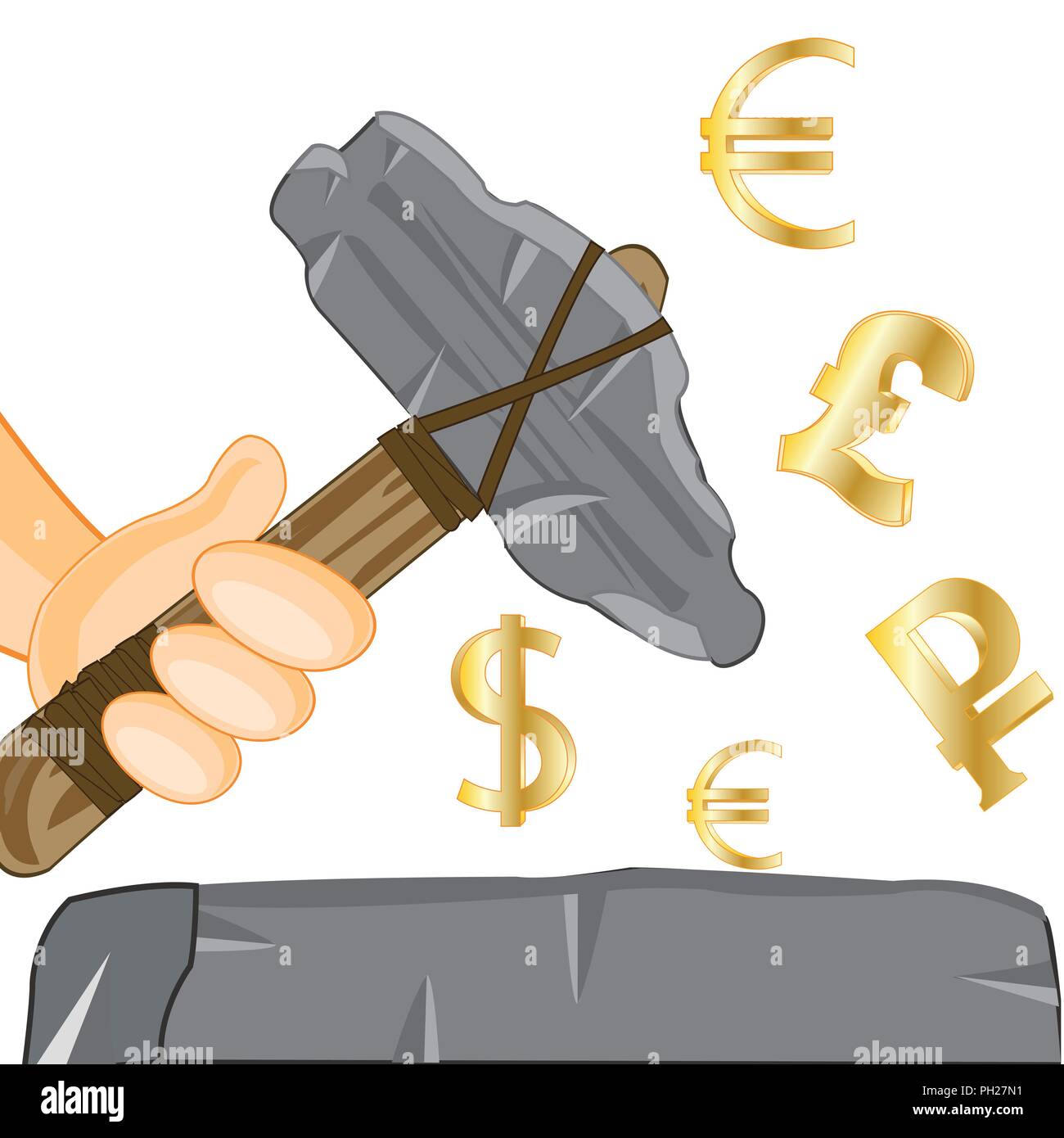 Stone axe in hand and money signs Stock Vector