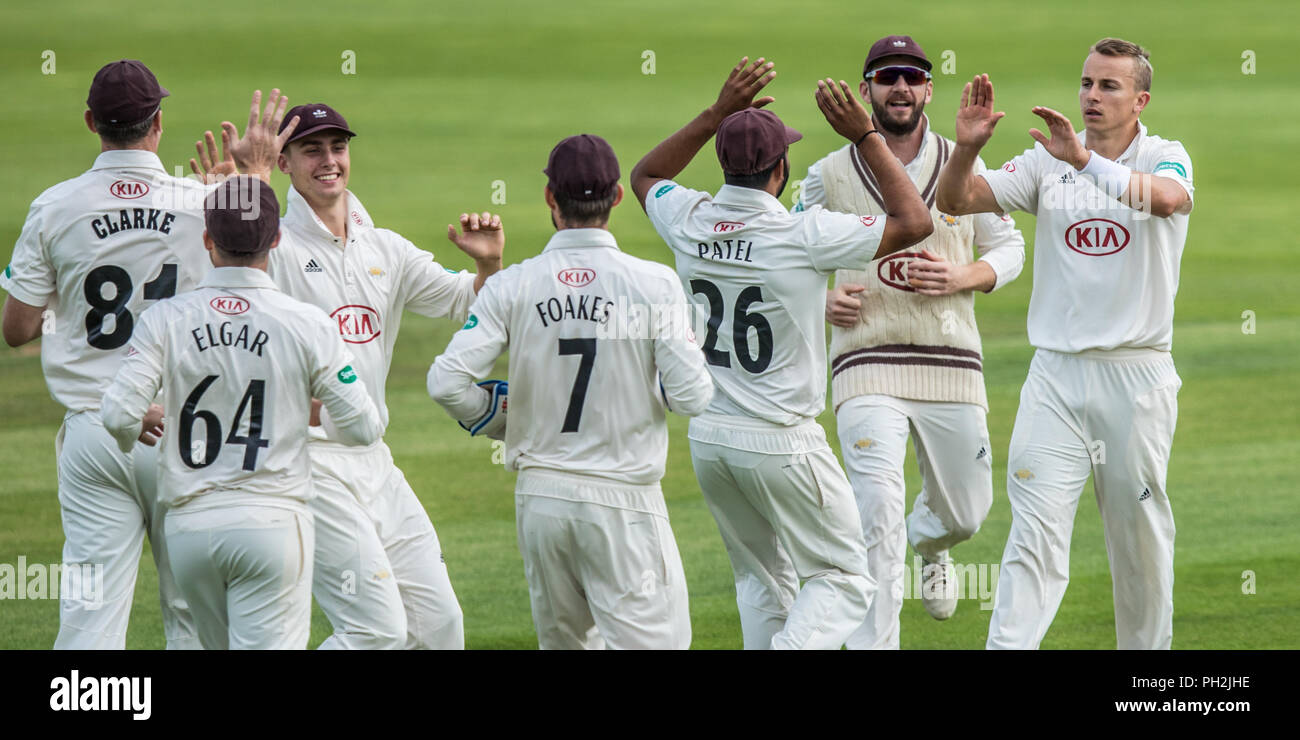 London, UK. 30 August 2018. Tom Curran, bowling for Surrey, gets the wicket of Ben Slater of Nottinghamshire on day two of the Specsavers County Championship game at the Kia Oval. David Rowe/Alamy Live News. Stock Photo