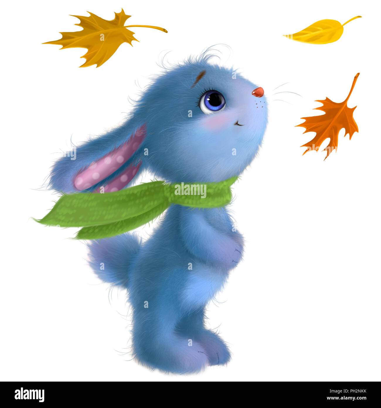 Happy rabbit illustration clipart. Mid-Autumn festival Funny furry bunny with Autumn leaves and spider. Stock Photo