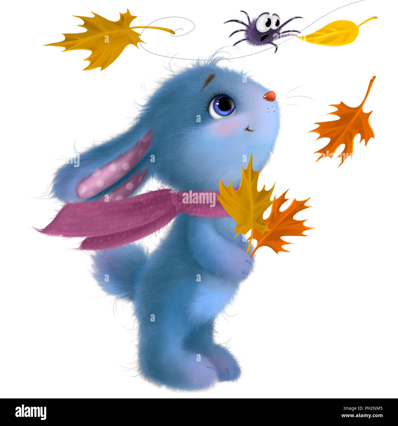 Happy rabbit illustration clipart. Mid-Autumn festival Funny furry bunny with Autumn leaves and spider. Stock Photo