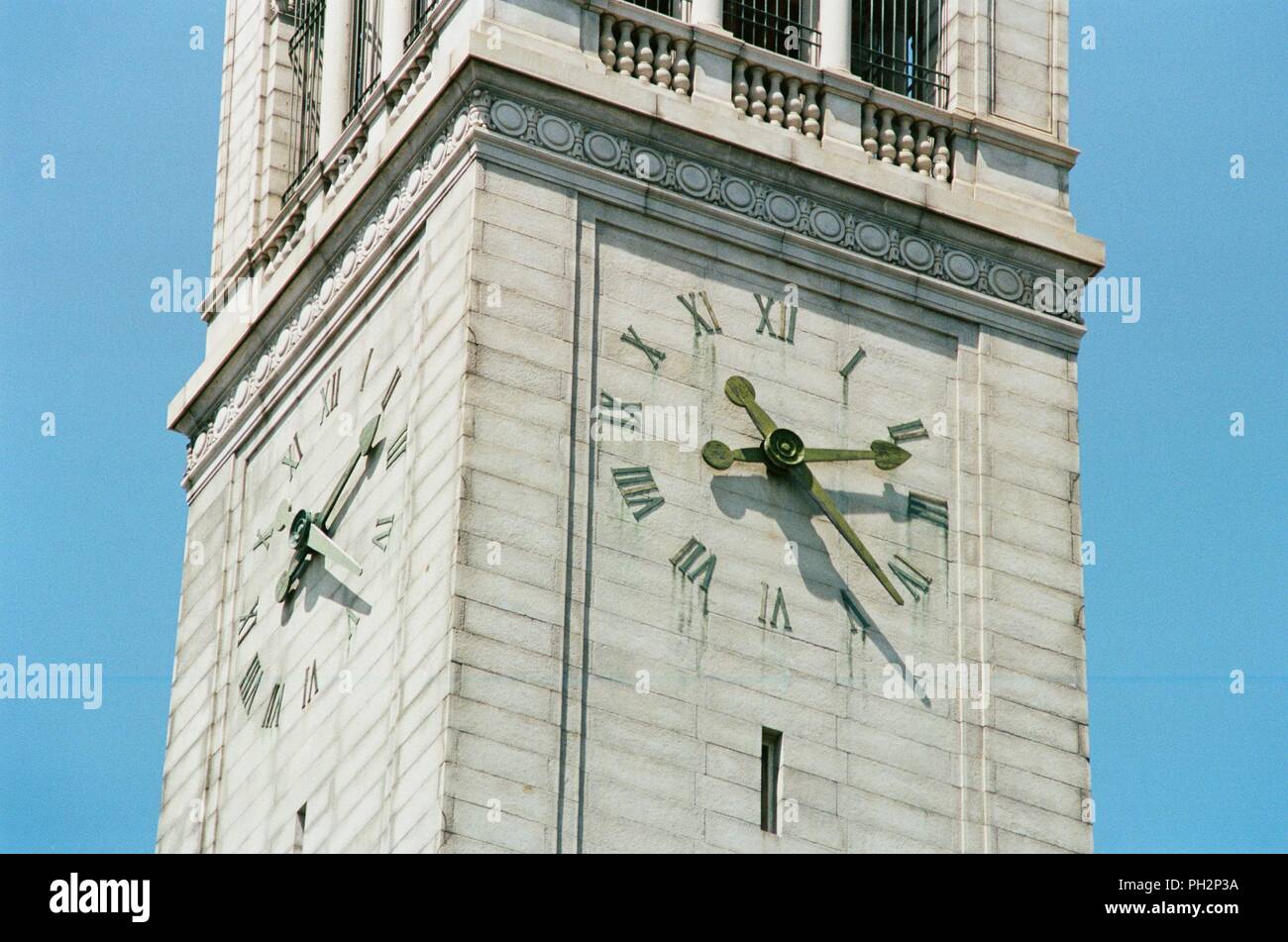 Detail view of clock facade on Sather Tower, aka the Campanile, on the