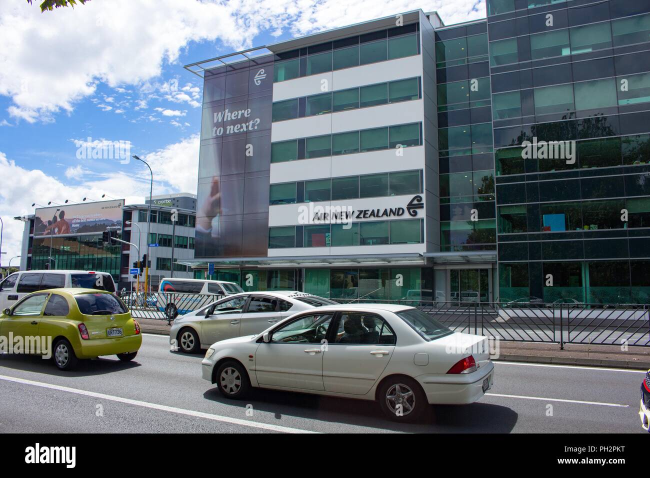 Cars drive past the headquarters of Air New Zealand in Auckland, New Zealand, February 26, 2018. () Stock Photo