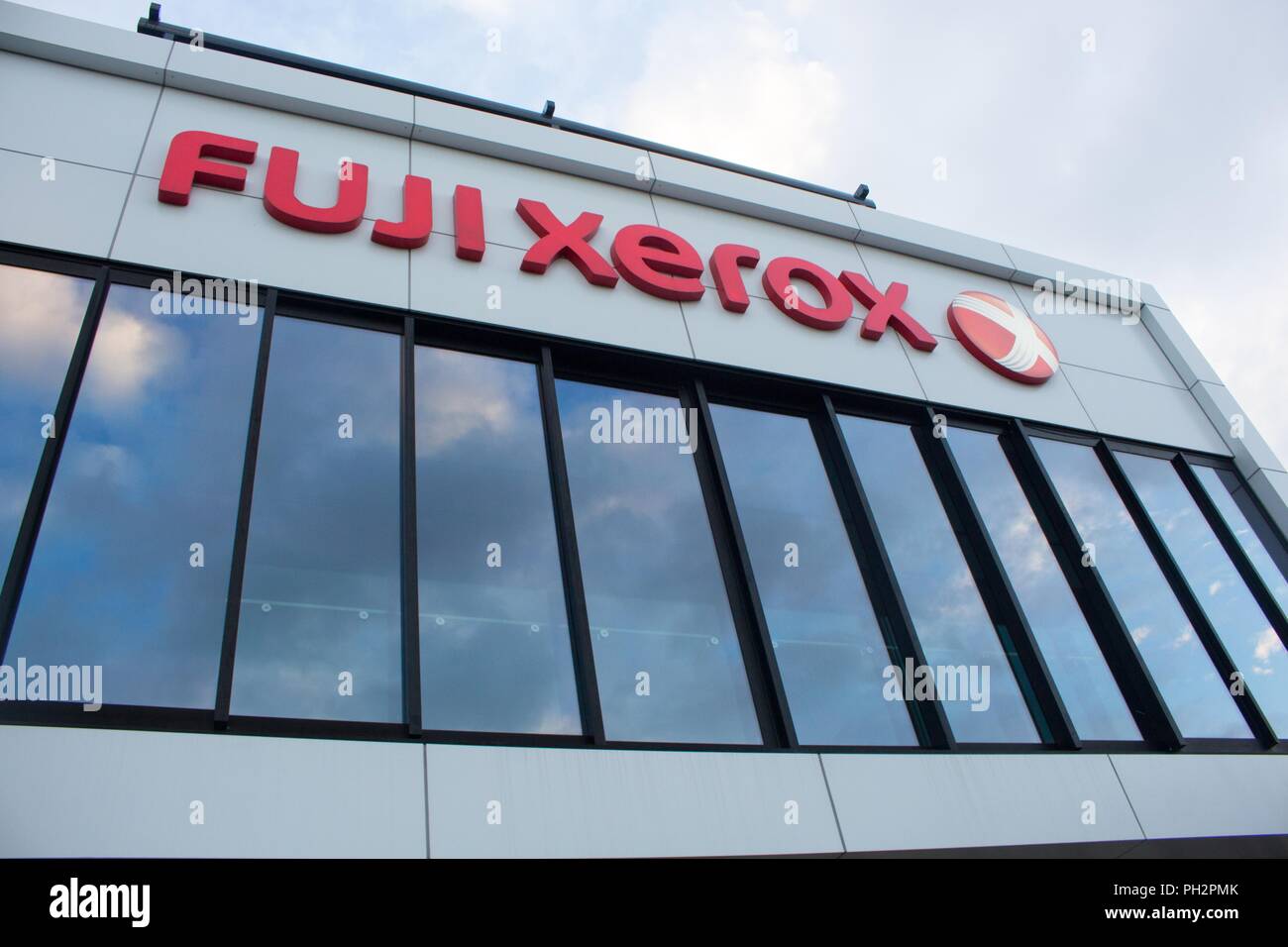 Sign with logo on facade of regional headquarters of Fuji Xerox in Auckland, New Zealand, February 26, 2018. () Stock Photo