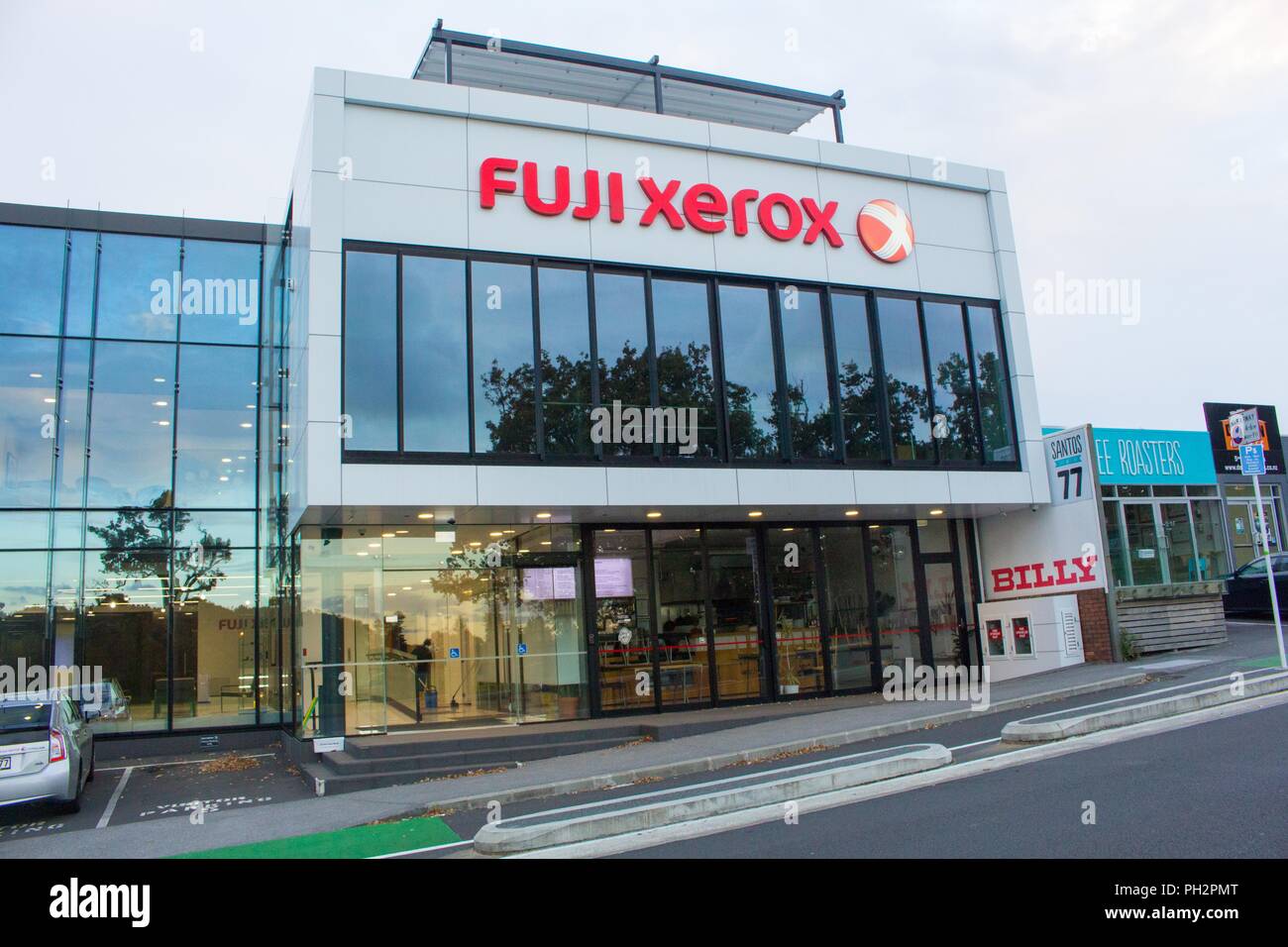 Sign with logo on facade of regional headquarters of Fuji Xerox in Auckland, New Zealand, February 26, 2018. () Stock Photo