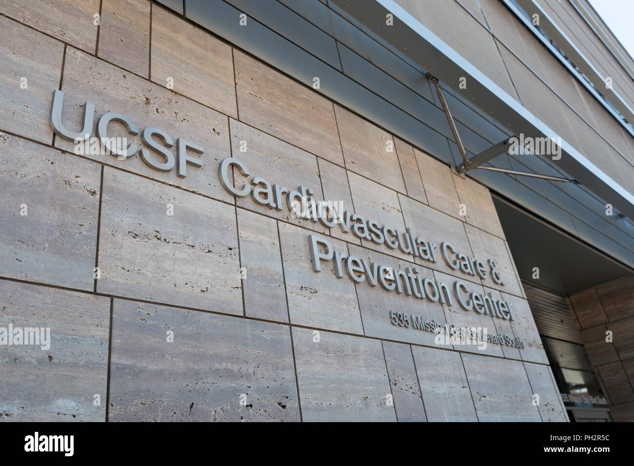 Sign on facade of the University of California San Francisco (UCSF) Cardiovascular Care and Prevention Center in the Mission Bay neighborhood of San Francisco, California, July 11, 2018. () Stock Photo