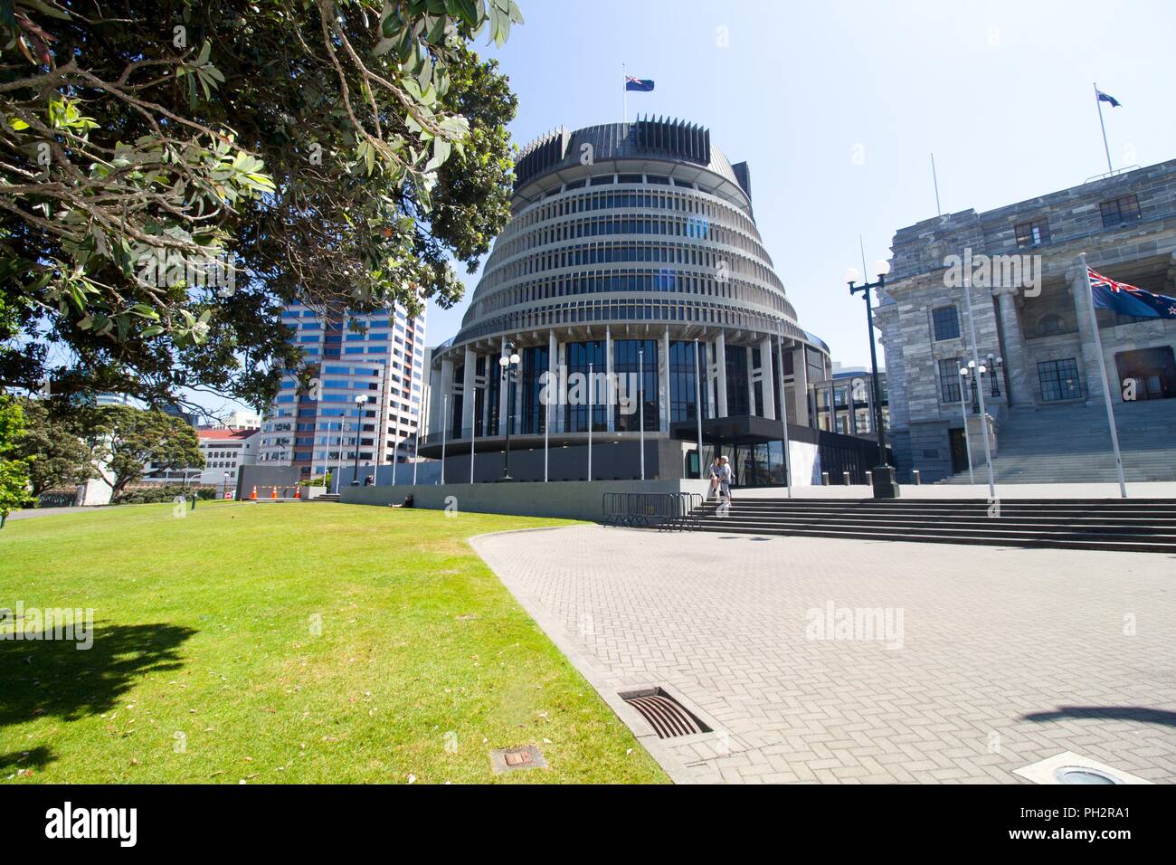 'Beehive' building at the New Zealand Parliament on Lambton Quay in downtown Wellington, New Zealand, November 28, 2017. () Stock Photo