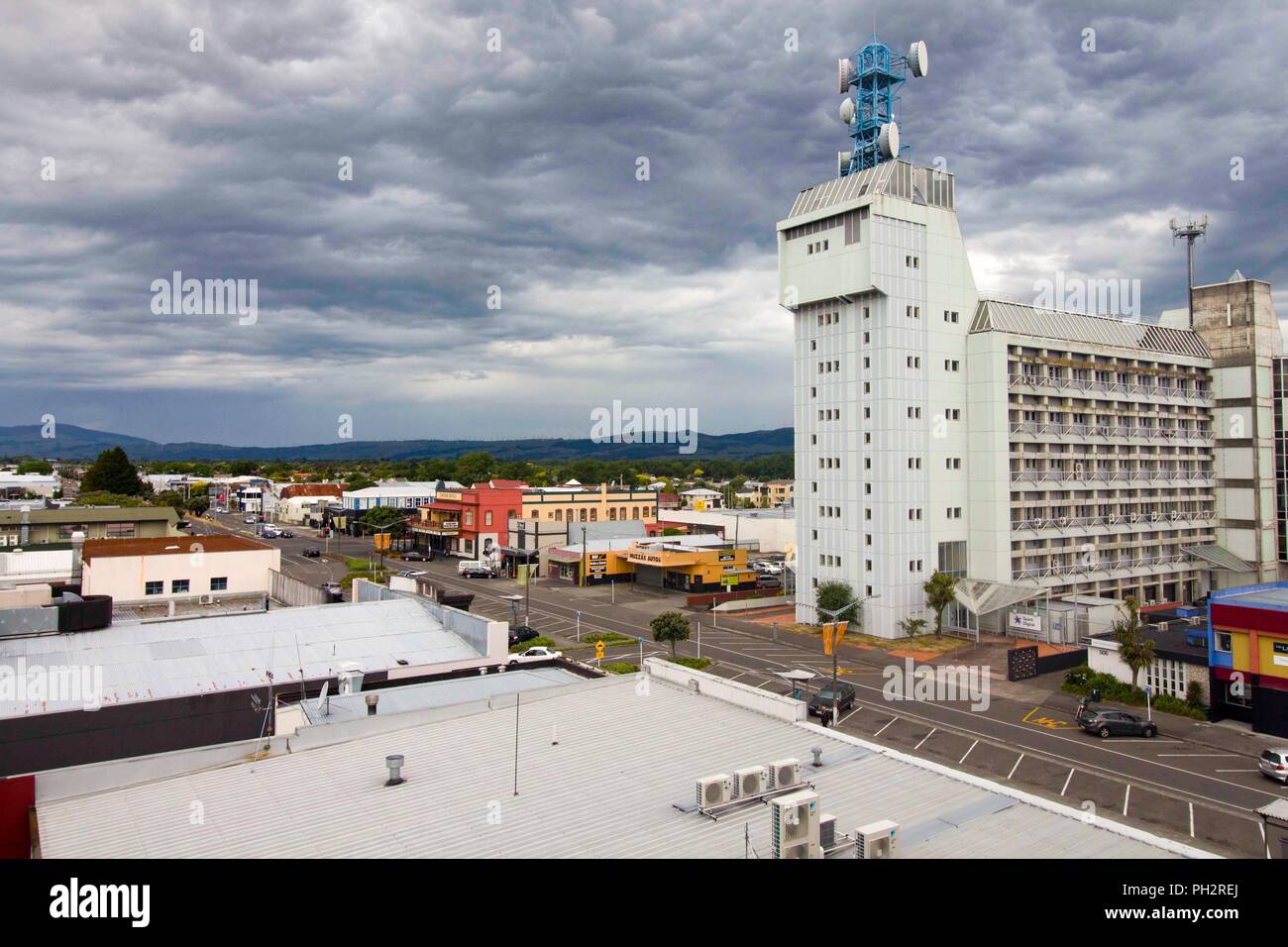 Arial view of the Palmerston North Main Street and the Telecom Tower in Palmerston North, Manawatu, New Zealand, November 27, 2017. () Stock Photo