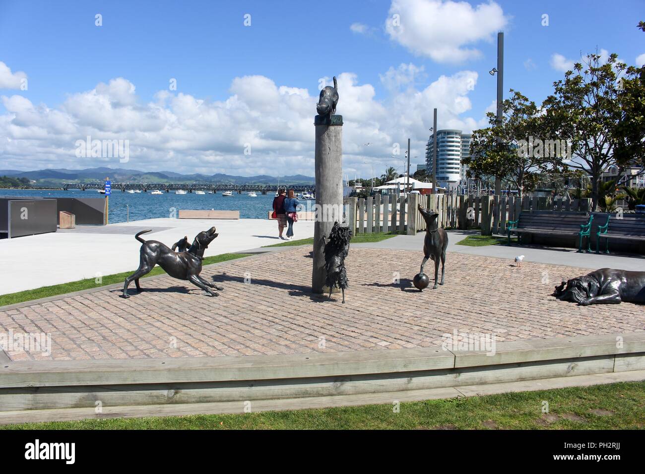 Dogs chasing a cat bronze statue on Tauranga waterfront, North Island