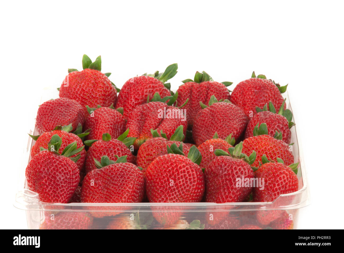 Red ripe strawberries all lined up in a container for the grocery store Stock Photo