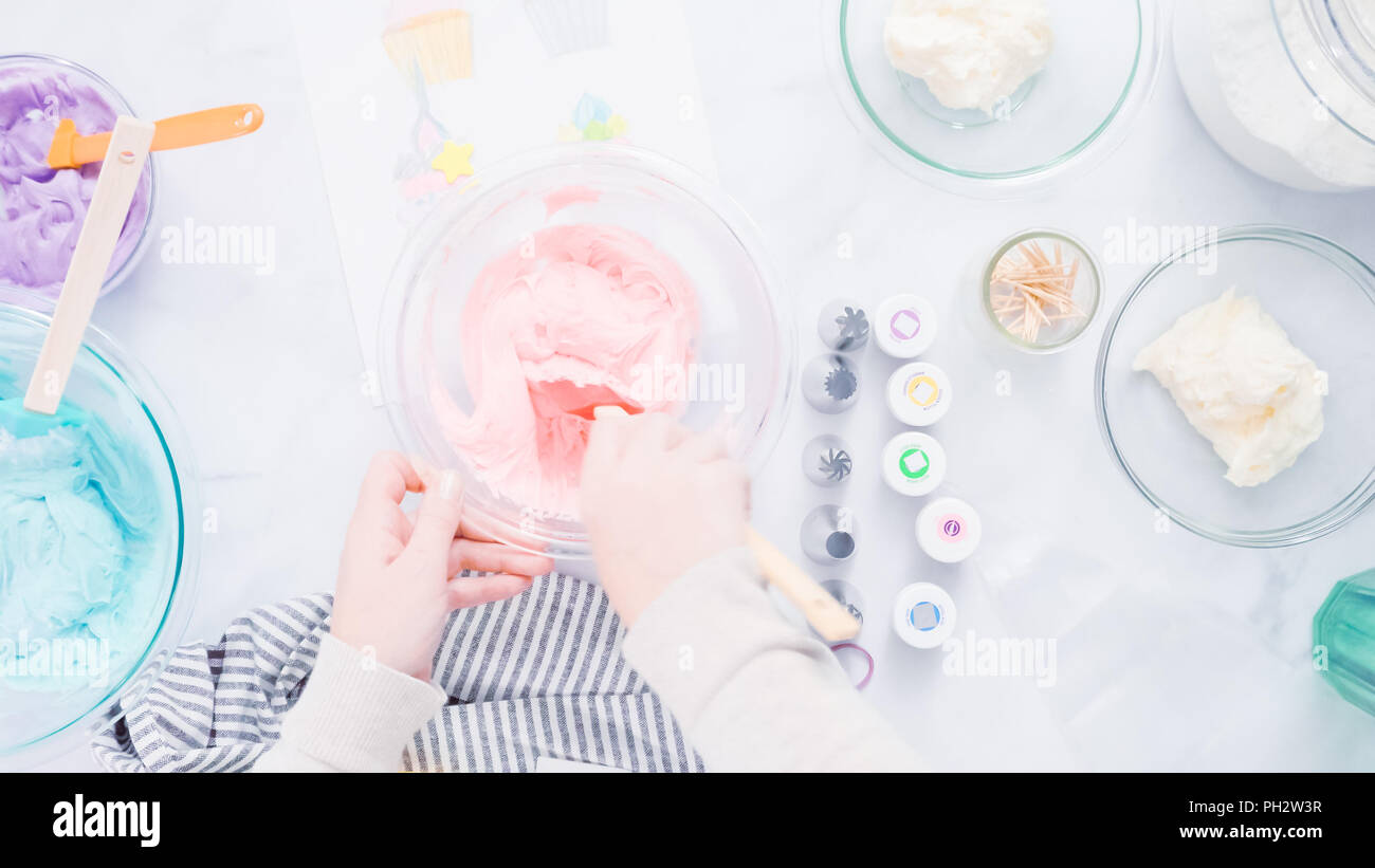 Step by step. Coloring buttercream frosting with food colors for