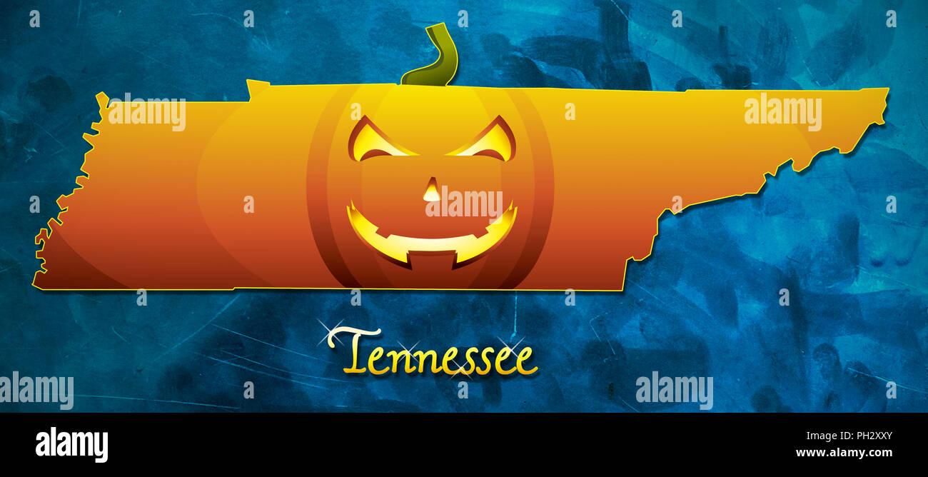 Tennessee state map USA with halloween pumpkin face illustration Stock Photo