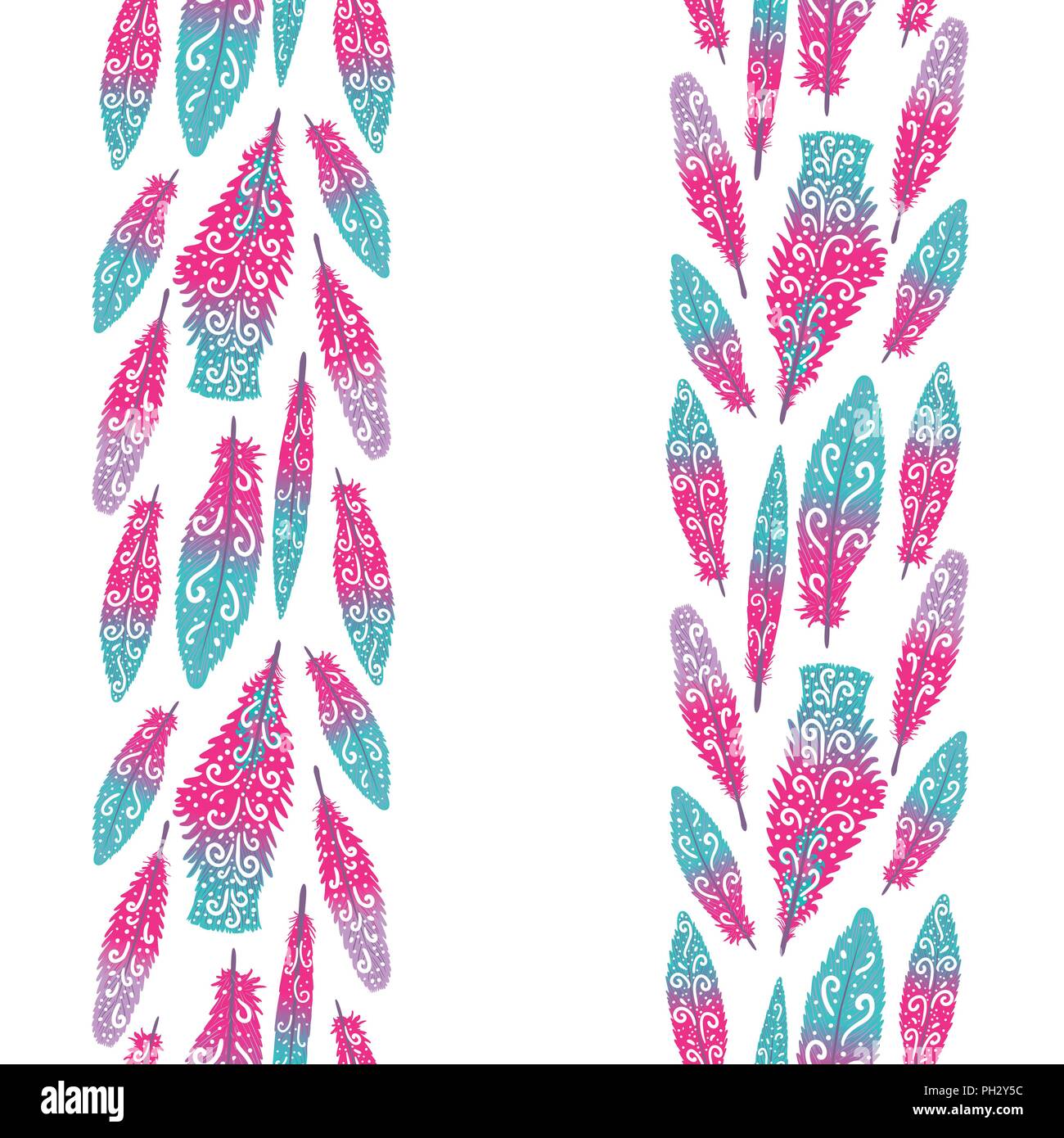 Vector Background with stripes of bright hand drawn feathers isolated