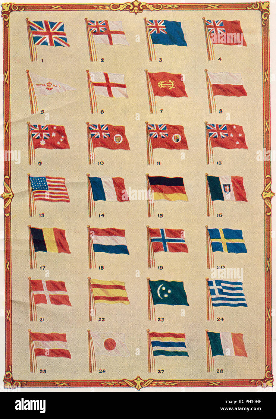 Ensigns and National Merchant Flags.  1. Union Jack 2. White Ensign (Royal Navy) 3. Blue Ensign (Royal Navy Reserve) 4. Red Ensign (Mercantile Marine) 5. Royal Mail 6. St. George's Cross (flown by Admiralty) 7. Admiralty 8. Pilot on Board 9. Australia 10. Canada 11. South Africa 12. New Zealand 13. United States 14. France 15. Germany 16. Italy 17. Belgium 18. Holland 19. Norway 20. Sweden 21. Denmark 22. Spain 23. Yugoslavia 24. Greece 25. Poland 26. Japan 27. China 28. Siam.  From The Book of Ships, published c.1920. Stock Photo