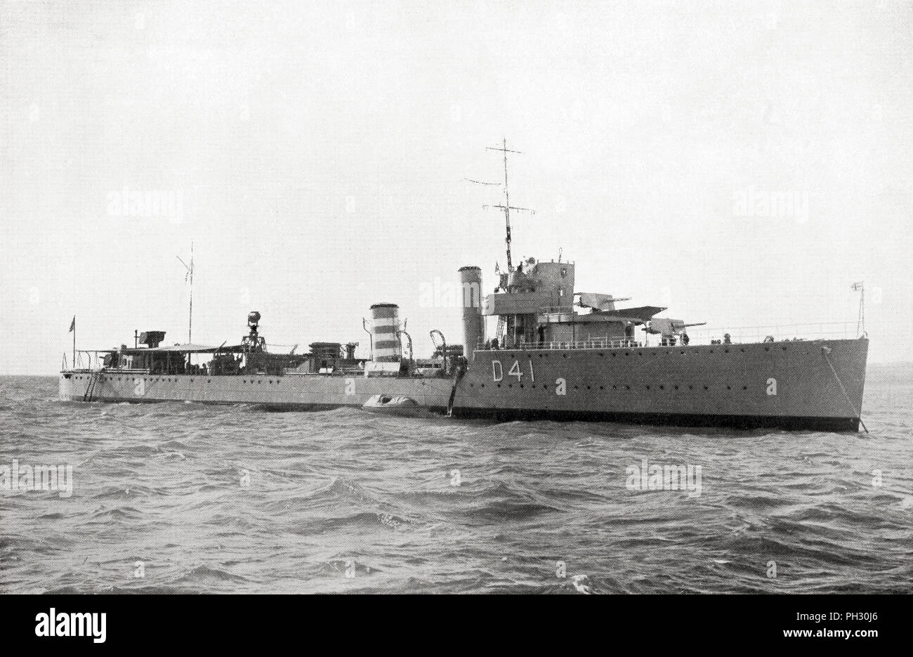 HMS Walpole (D41) a W-class destroyer of the British Royal Navy.  The white bands on the second funnel were part of a code by which the name of the ship was recognized from a distance.  From The Book of Ships, published c.1920. Stock Photo