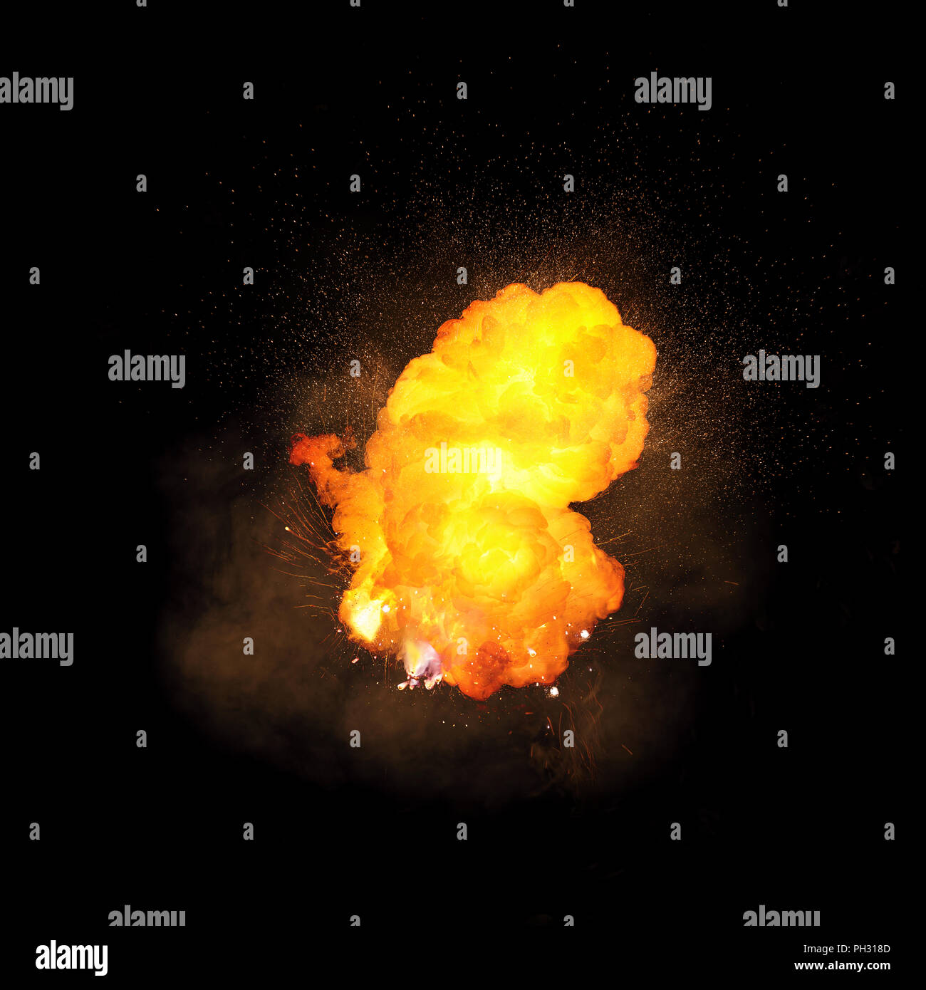 Realistic fiery explosion, orange color with sparks and smoke isolated