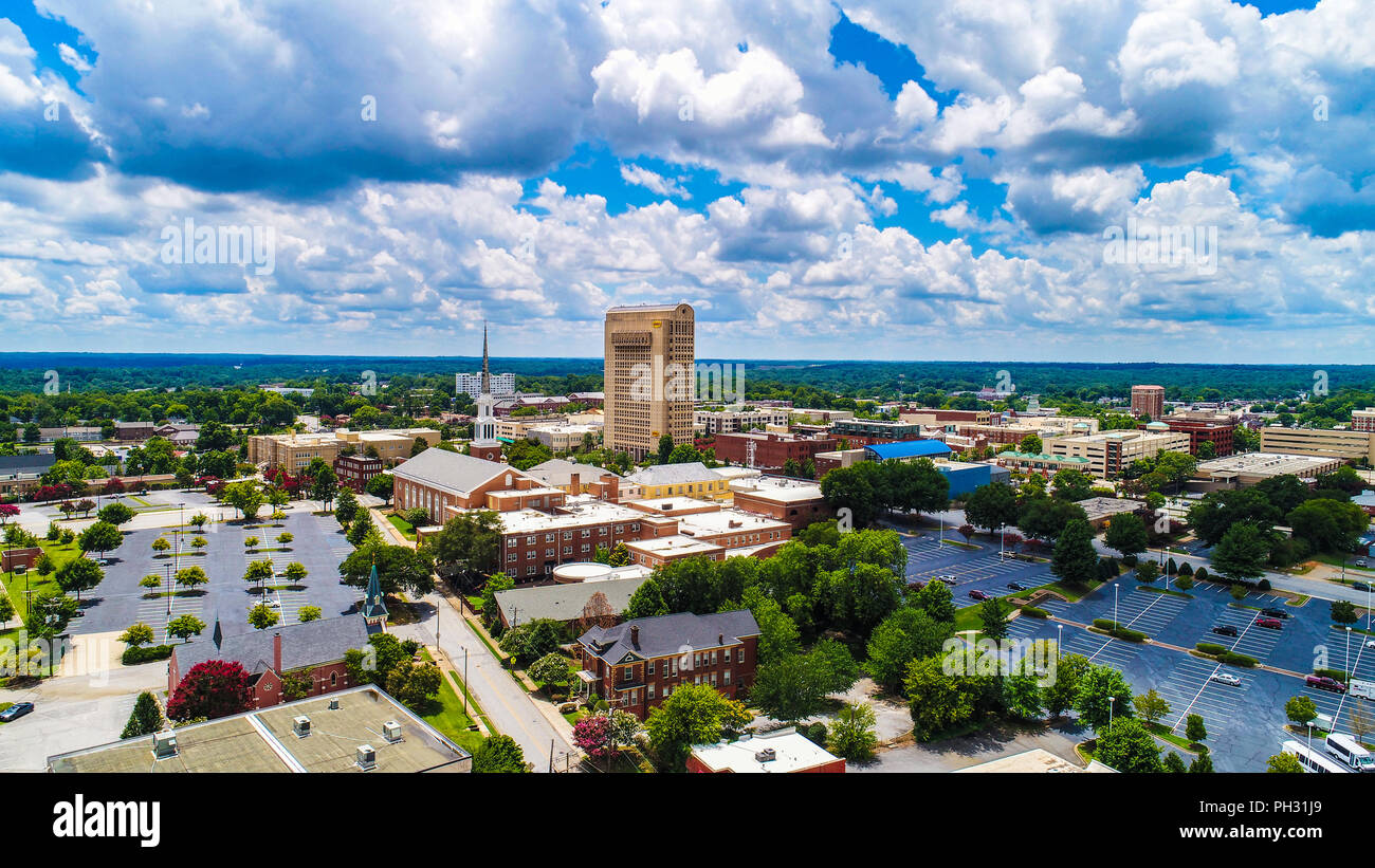 Drone Aerial of Downtown Spartanburg South Carolina SC Skyline. Stock Photo