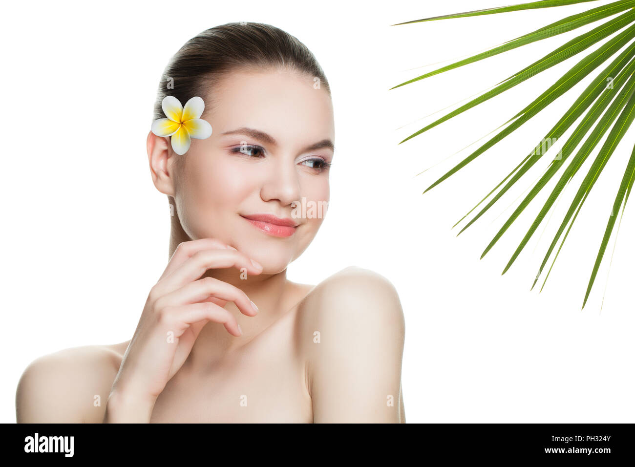 Smiling Woman with Tropical Flower and Green Leaves Isolated on White ...