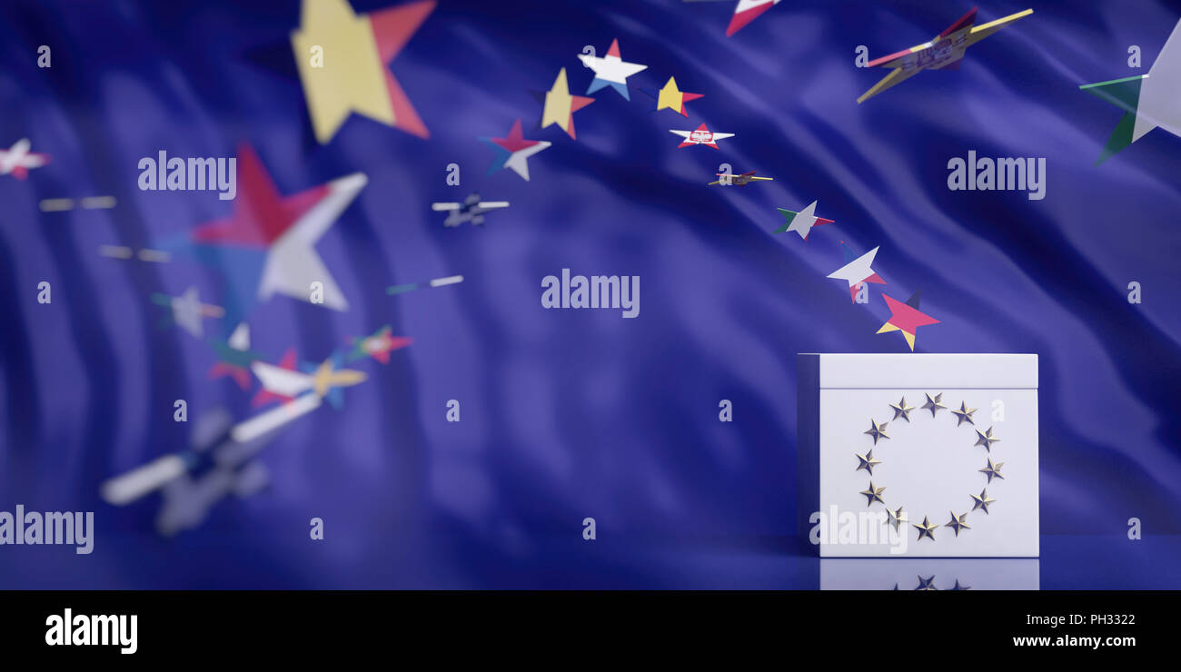 EU elections concept. White ballot box on European Union flag abstract background. 3d illustration Stock Photo
