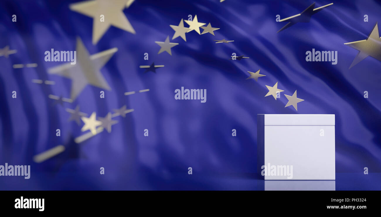 EU elections concept. White blank ballot box on European Union flag abstract background, copy space. 3d illustration Stock Photo