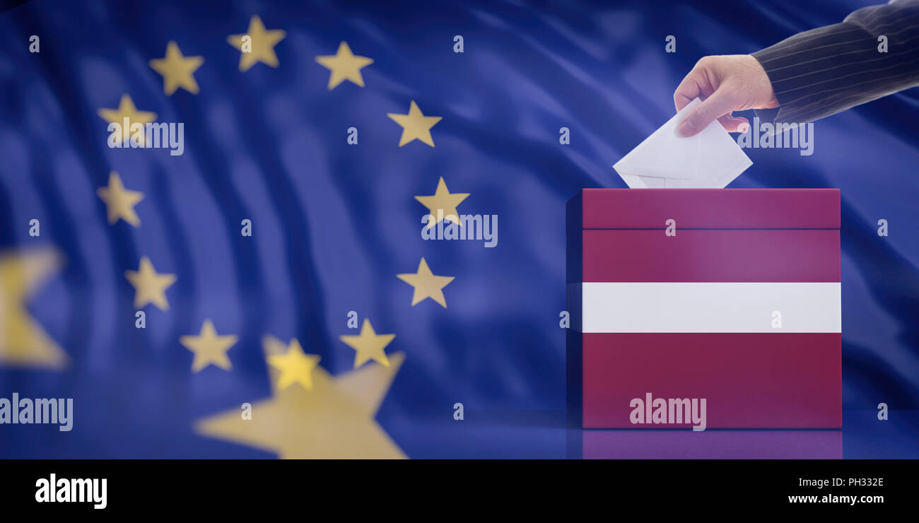 Elections in Latvia for EU parliament. Hand inserting an envelope in a Latvian flag ballot box on European Union flag background. 3d illustration Stock Photo