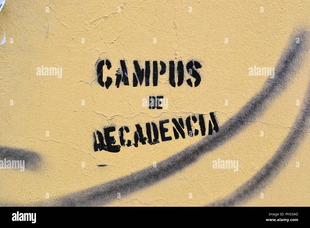 Stenciled political graffiti on a wall at the campus of the University of Oviedo, in Oviedo, Asturias, Spain, claiming it to be a 'campus of decline.' Stock Photo