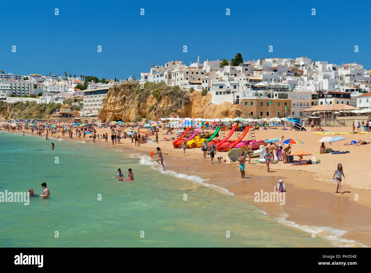 Albufeira beach and old town,  in summer with the Hotel Sol e Mar. Stock Photo