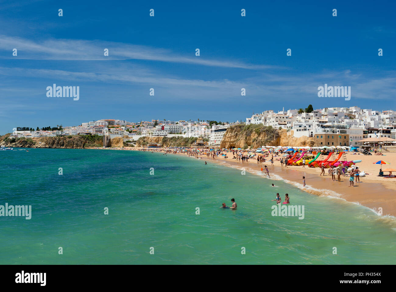 Albufeira beach and old town,  in summer with the Hotel Sol e Mar. Stock Photo