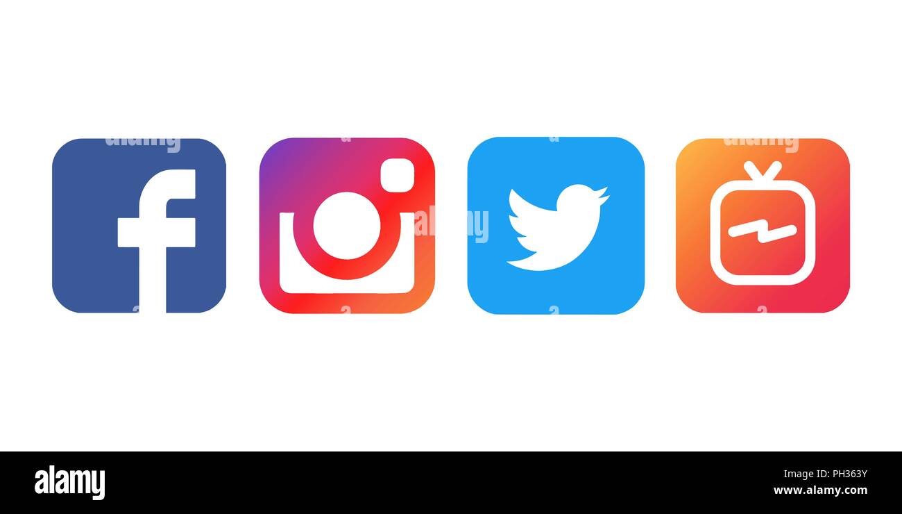 Istanbul, Turkey - August 30, 2018: Collection of popular social media logos printed on white paper: Facebook, Instagram, Twitter and IGTV. Stock Vector