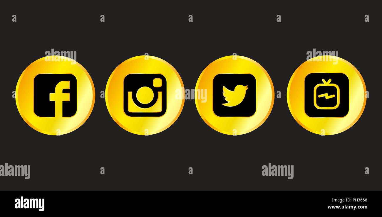 Istanbul, Turkey - August 30, 2018: Collection of golden popular social media logos printed on black background: Facebook, Instagram, Twitter and IGTV Stock Vector