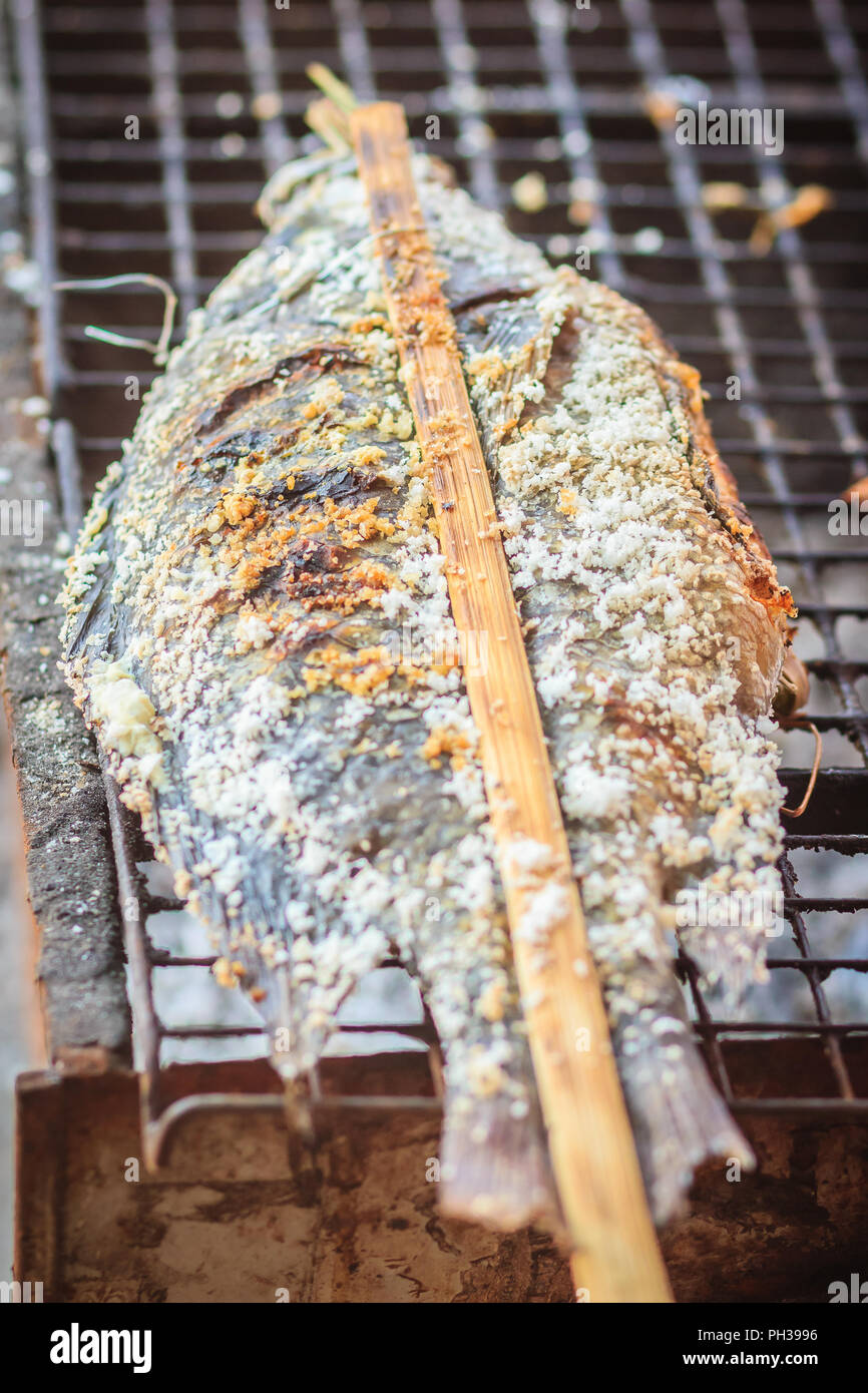 Salt coated tilapia fish that grilled on charcoal stove. Roasted