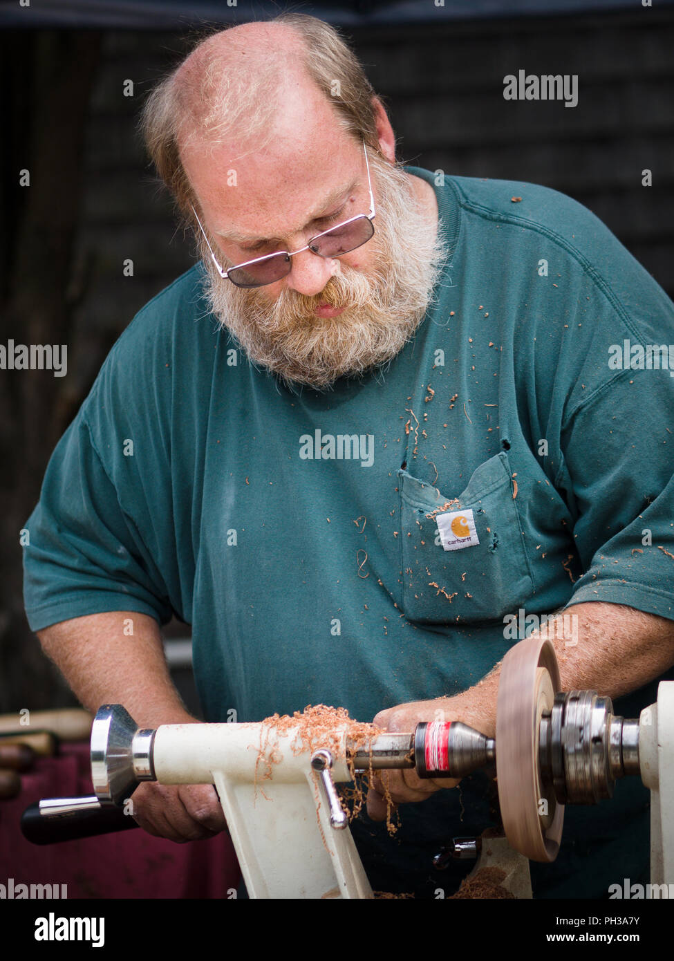 Wood turning demo at Tool Discovery Day at the Swift-Daley House Eastham, Massachusetts Stock Photo