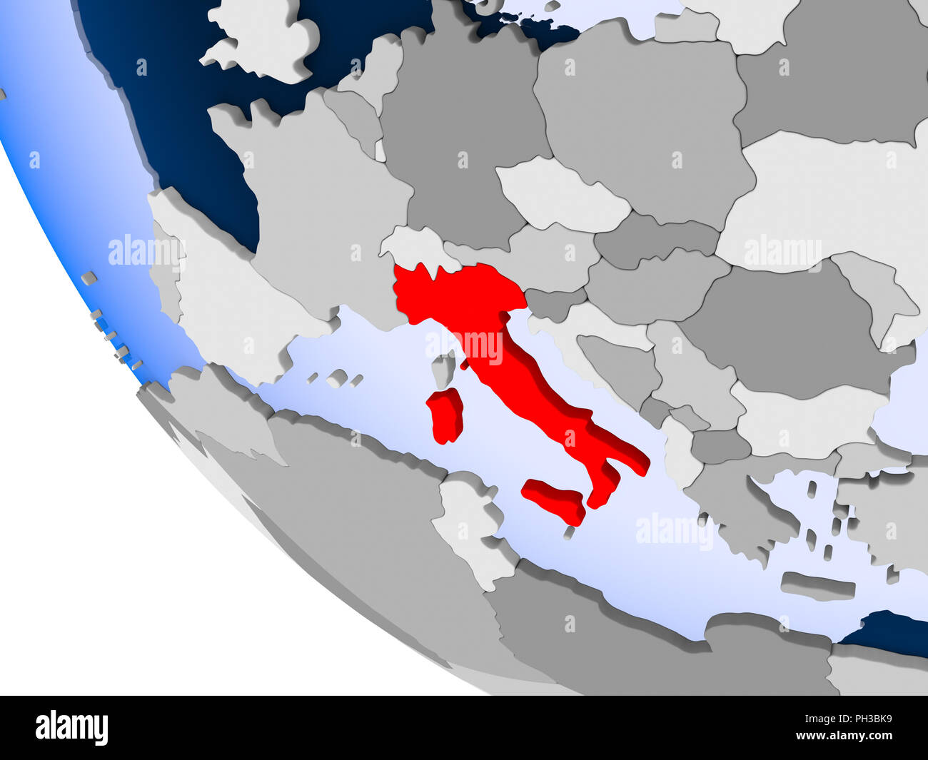 Map of Italy in red on political globe with transparent oceans. 3D