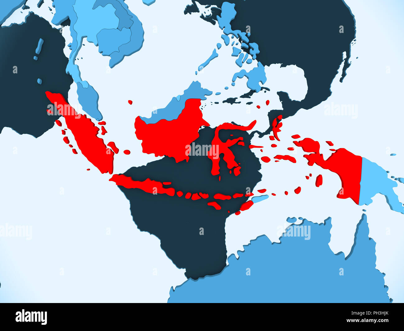 Indonesia in red on blue political map with transparent oceans. 3D illustration. Stock Photo