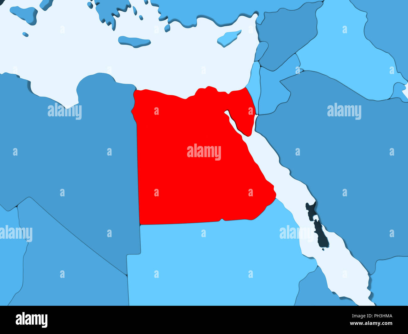 Egypt in red on blue political map with transparent oceans. 3D